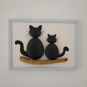 Cadre chats à suspendre galets et bois flotté 11 x 16 cm Gris